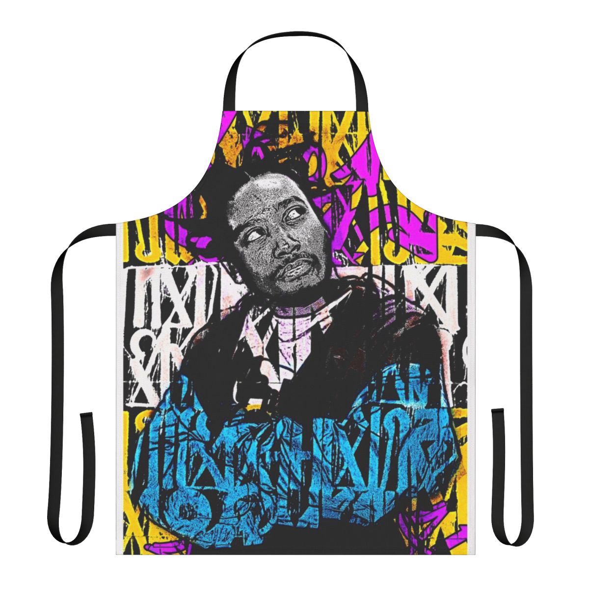 Graffiti-inspired 90s hip hop style apron in yellow and blue colors