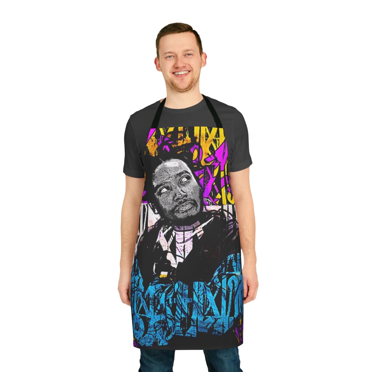 Graffiti-inspired 90s hip hop style apron in yellow and blue colors