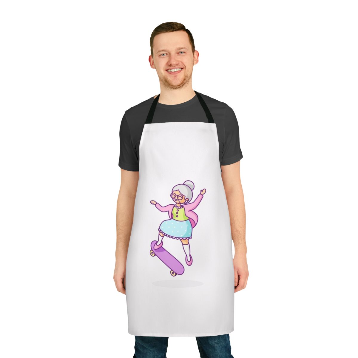 A stylish apron featuring a grandma ice skating design, perfect for the kitchen or hobby room.