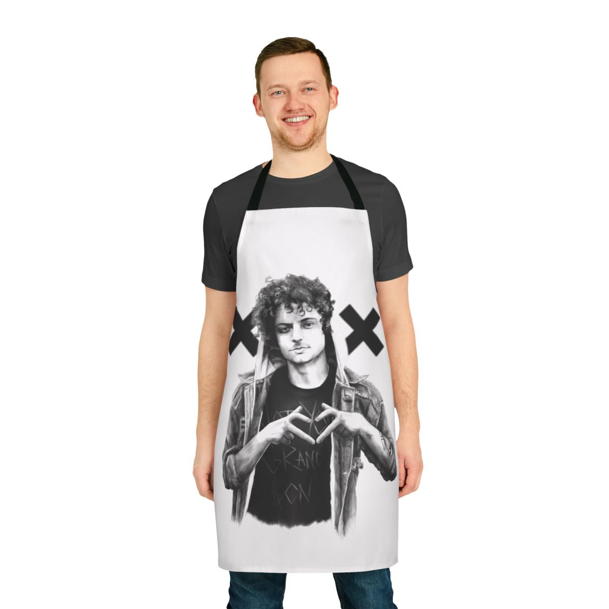 Grandson musician portrait apron featuring a black and white sketch design.