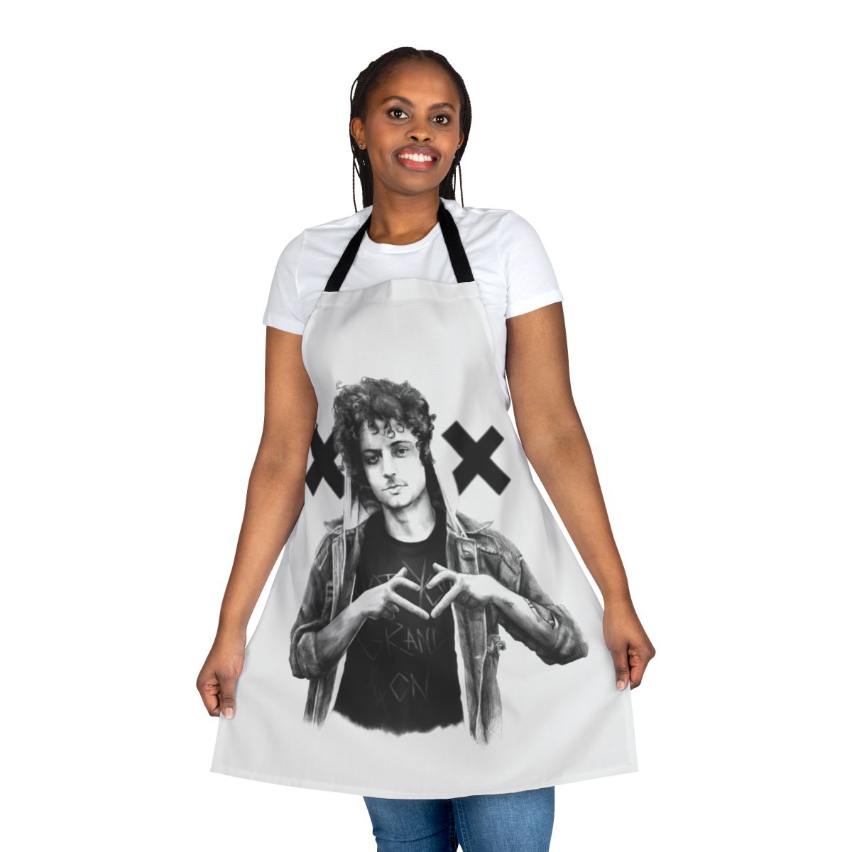 Grandson musician portrait apron featuring a black and white sketch design.