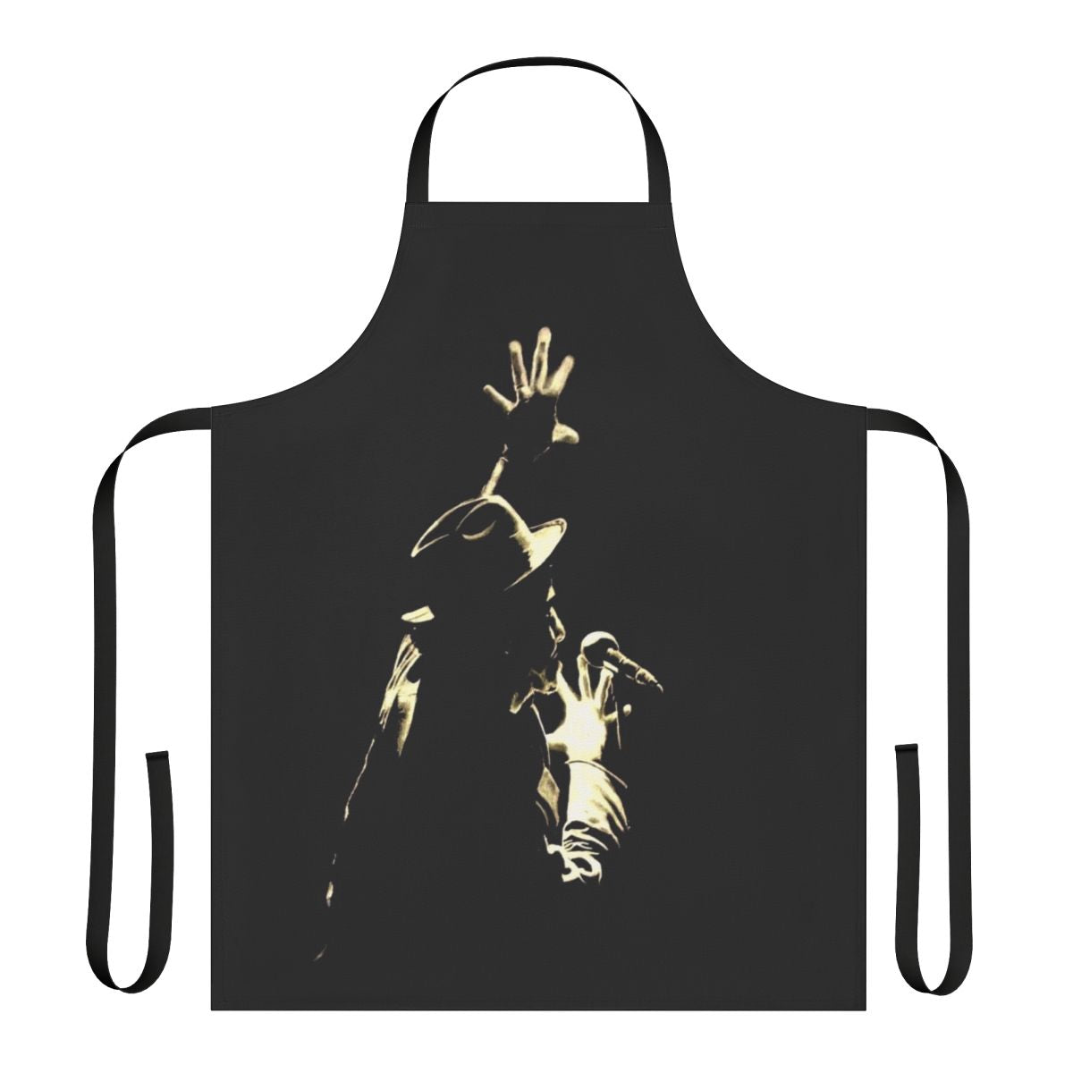 Graphite apron with microphone and musical elements, inspired by the style of Tom Waits and other classic singer-songwriters.