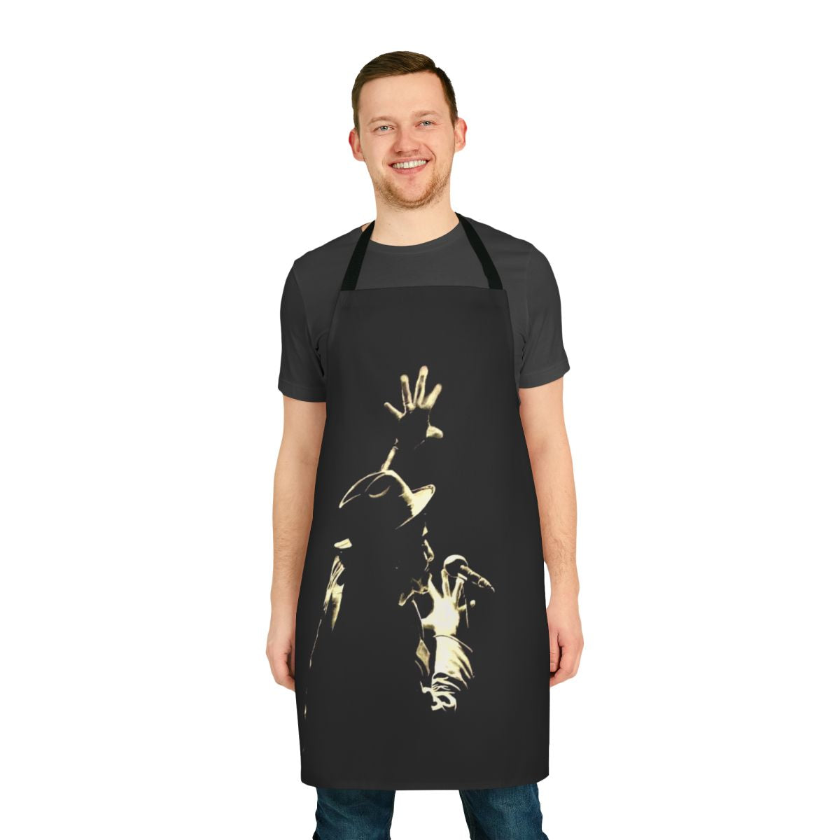 Graphite apron with microphone and musical elements, inspired by the style of Tom Waits and other classic singer-songwriters.