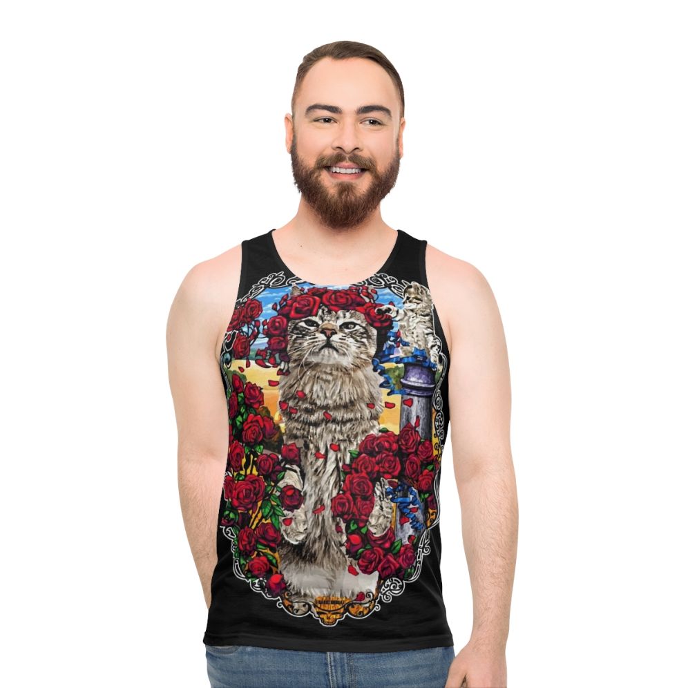 Grateful cats and roses graphic on a unisex tank top
