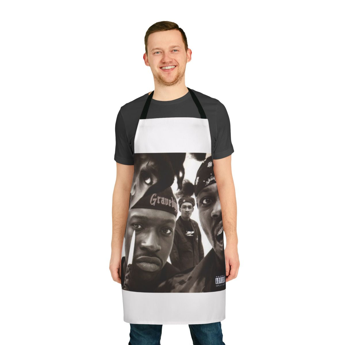 Gravediggaz-inspired apron with rap and horrorcore design
