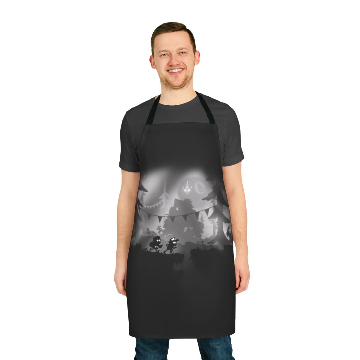 Gravity Falls inspired apron featuring Limbo Falls design with silhouettes of Dipper and Mabel