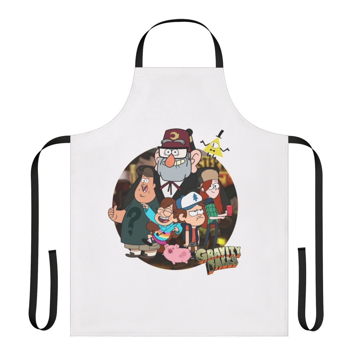 Gravity Falls inspired cartoon apron with characters and logo