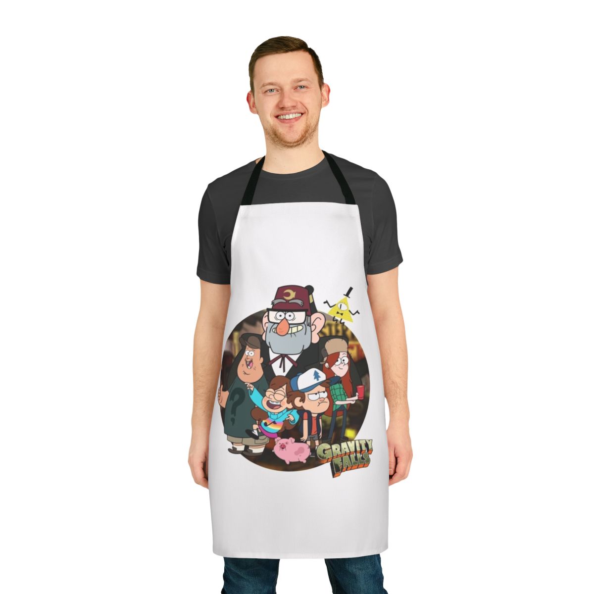 Gravity Falls inspired cartoon apron with characters and logo
