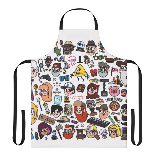 Gravity Falls themed doodle apron featuring characters Dipper, Mabel, Grunkle Stan, and Bill Cipher