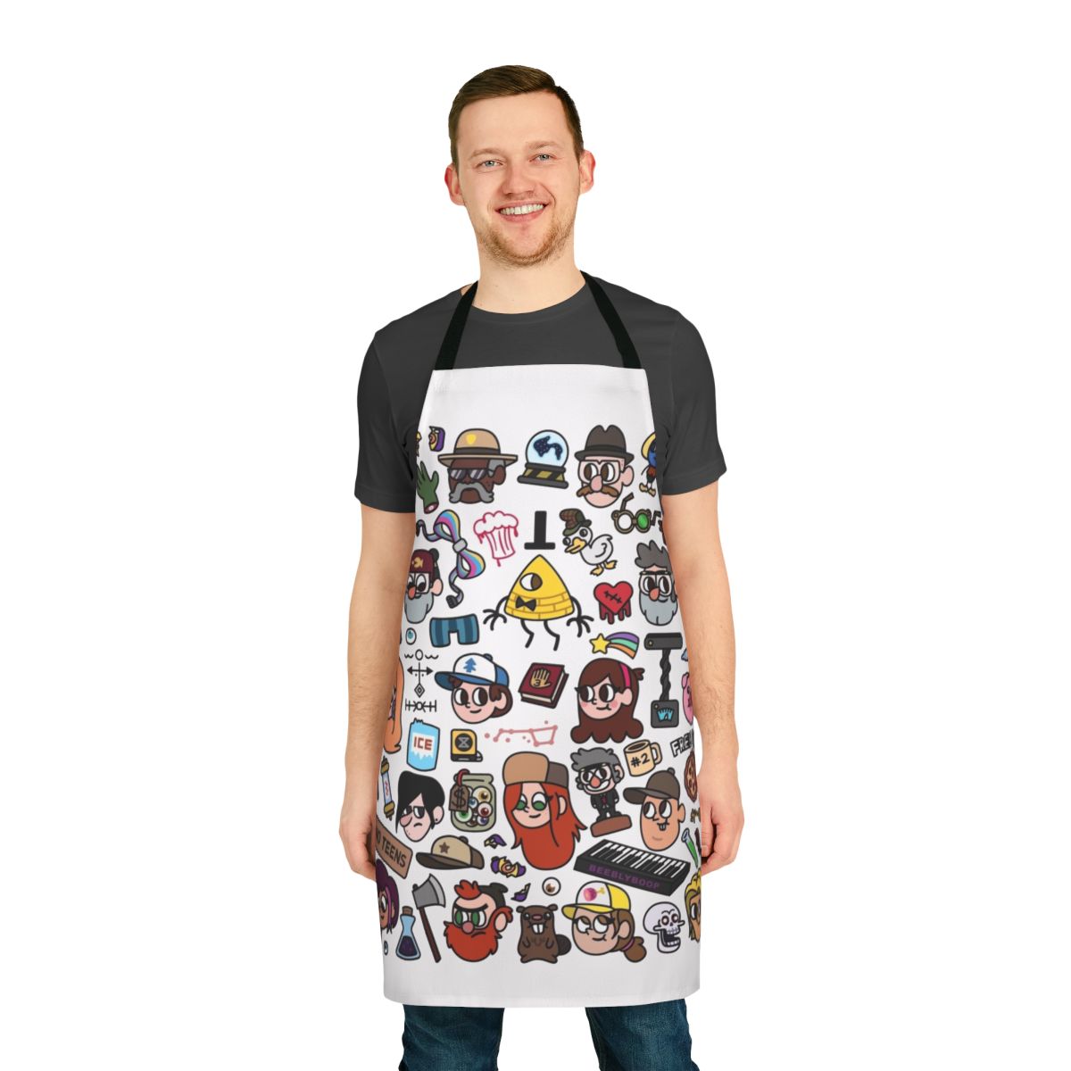 Gravity Falls themed doodle apron featuring characters Dipper, Mabel, Grunkle Stan, and Bill Cipher