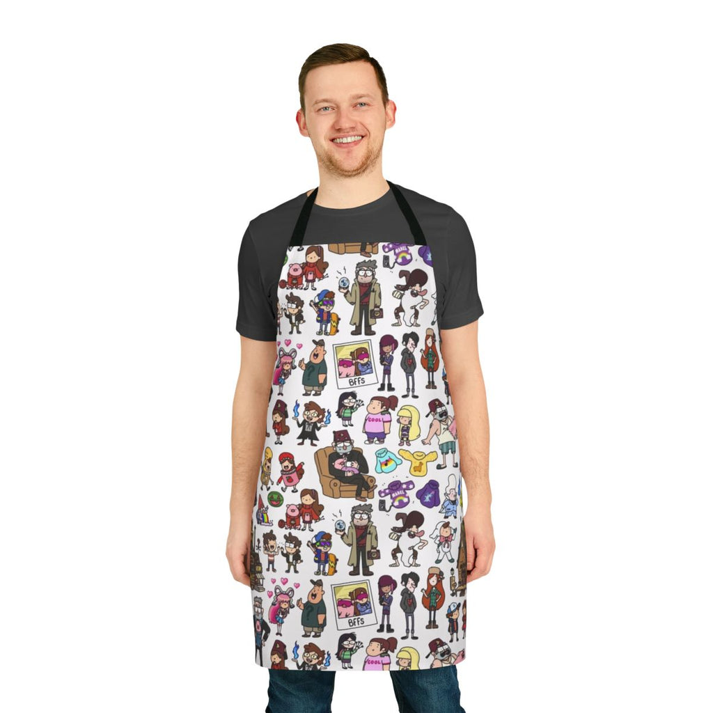 Gravity Falls themed apron featuring doodle art of the show's characters