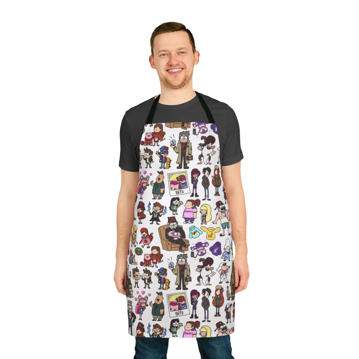 Gravity Falls themed apron featuring doodle art of the show's characters
