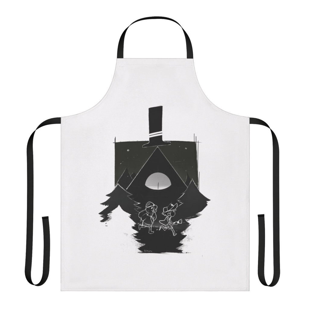 Gravity Falls-themed apron featuring characters Dipper, Mabel, and Bill Cipher in a black and white design