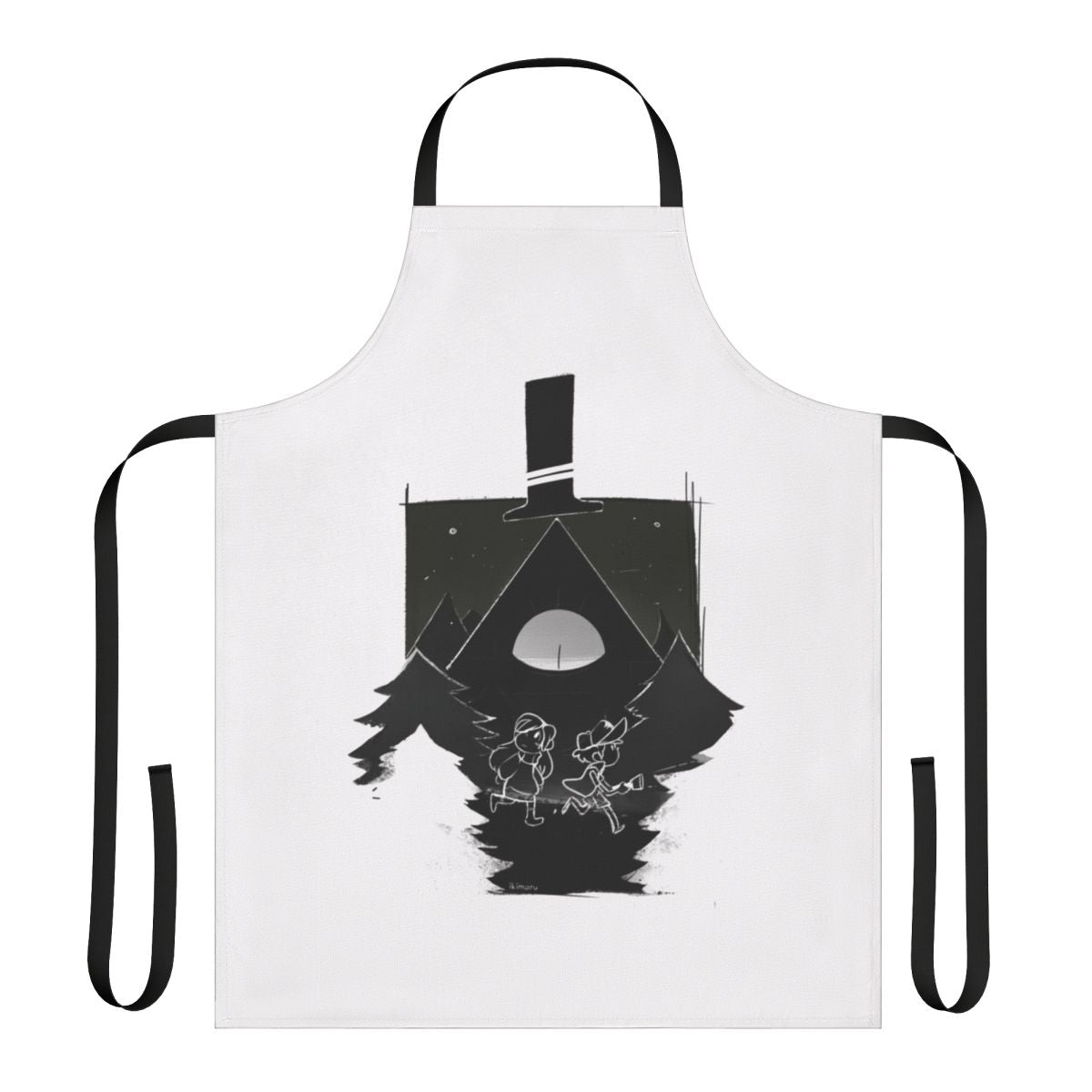Gravity Falls-themed apron featuring characters Dipper, Mabel, and Bill Cipher in a black and white design