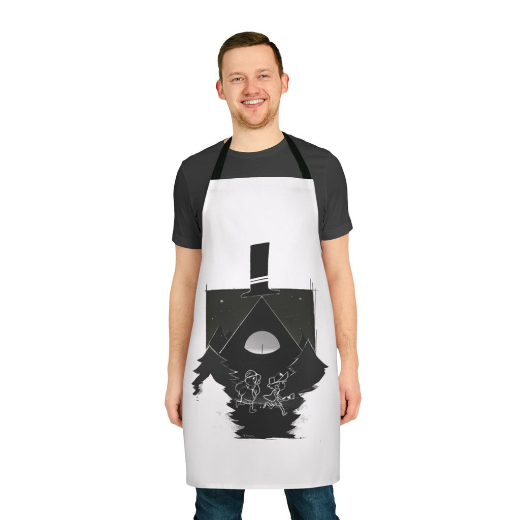 Gravity Falls-themed apron featuring characters Dipper, Mabel, and Bill Cipher in a black and white design