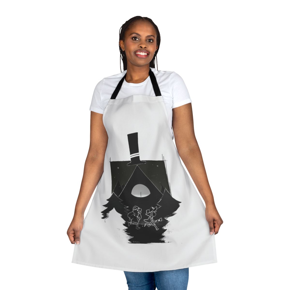 Gravity Falls-themed apron featuring characters Dipper, Mabel, and Bill Cipher in a black and white design