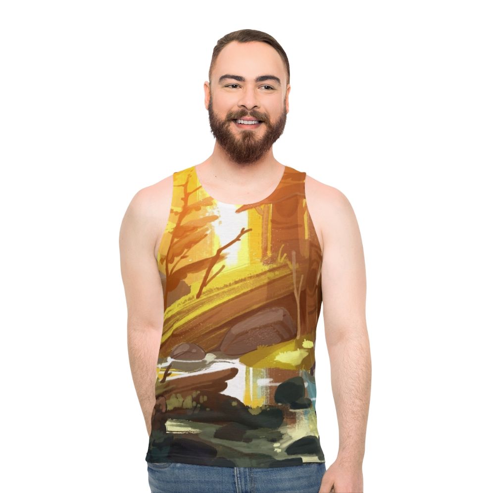Gravity Falls inspired unisex tank top featuring a nature landscape