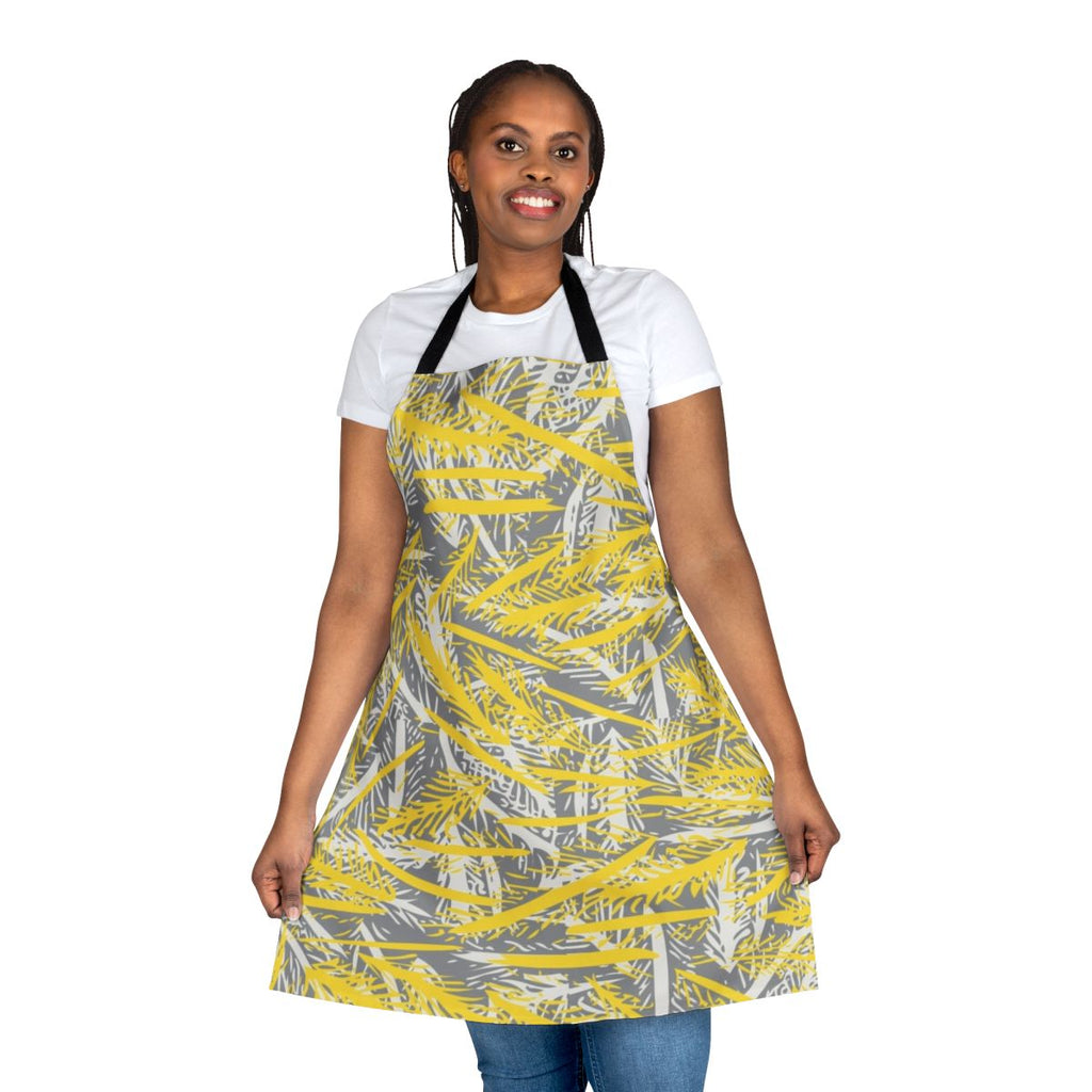 Gray and white striped apron with a feather design, cloud dancer style