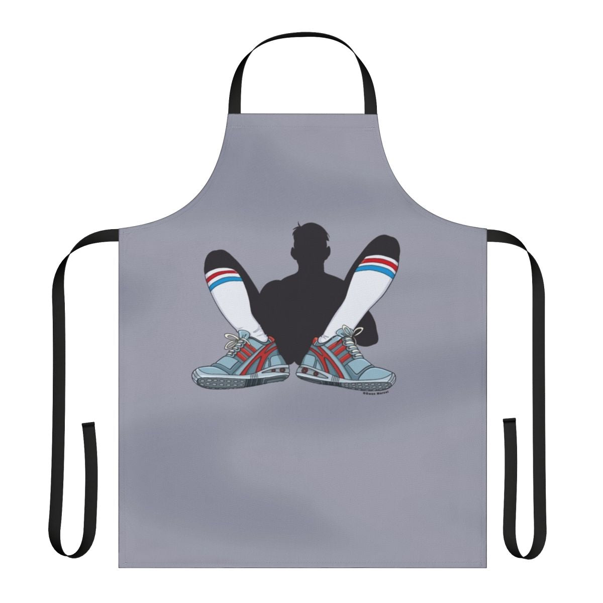A gray apron designed for active, athletic individuals who enjoy sports and working in the kitchen.