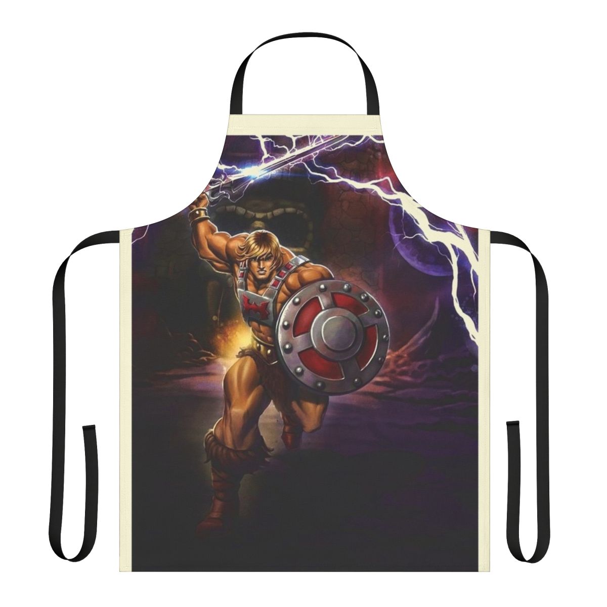 Apron featuring a retro TV character design inspired by the classic Masters of the Universe series