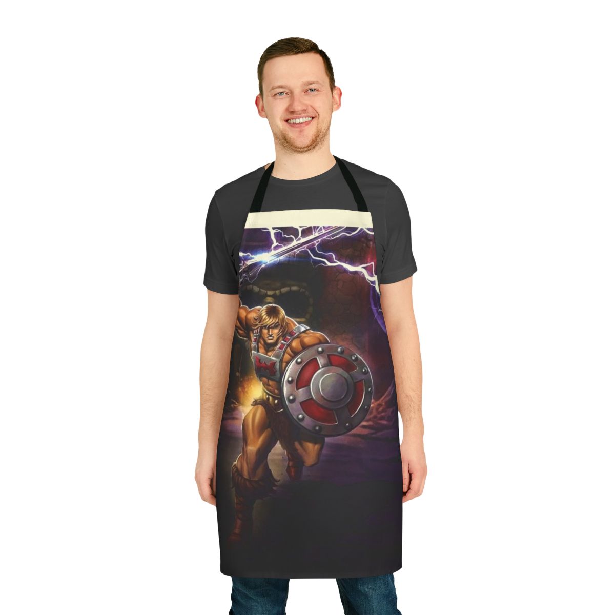 Apron featuring a retro TV character design inspired by the classic Masters of the Universe series