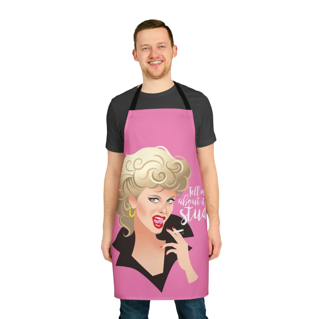 Grease-inspired studded apron with grease theme and icon design
