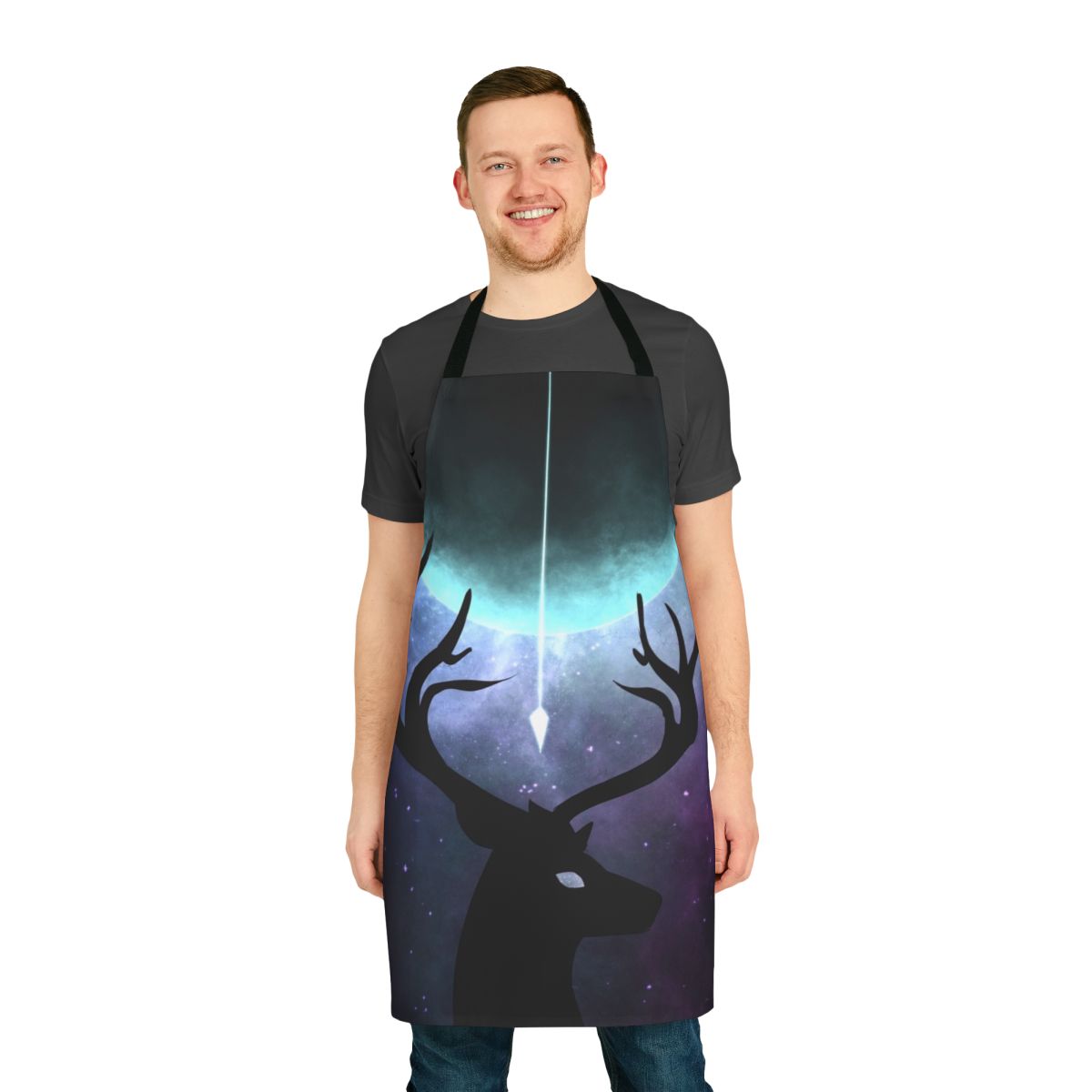 Illustration of the Greek mythological story of Actaeon and the goddess Artemis depicted on a cooking apron.
