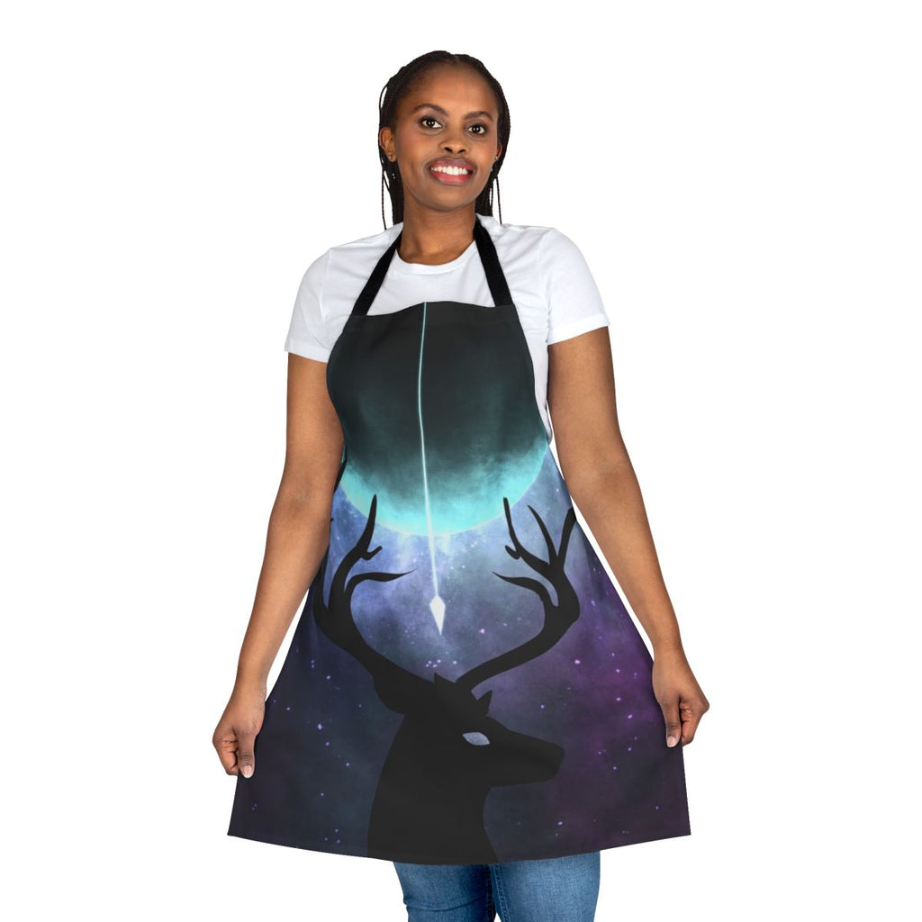 Illustration of the Greek mythological story of Actaeon and the goddess Artemis depicted on a cooking apron.