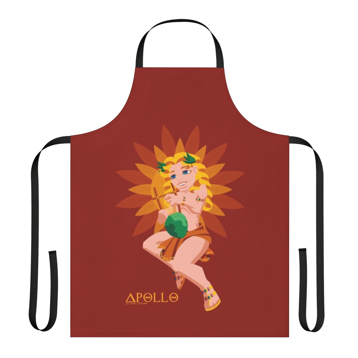 A cute apron featuring the Greek god Apollo and his lyre instrument.