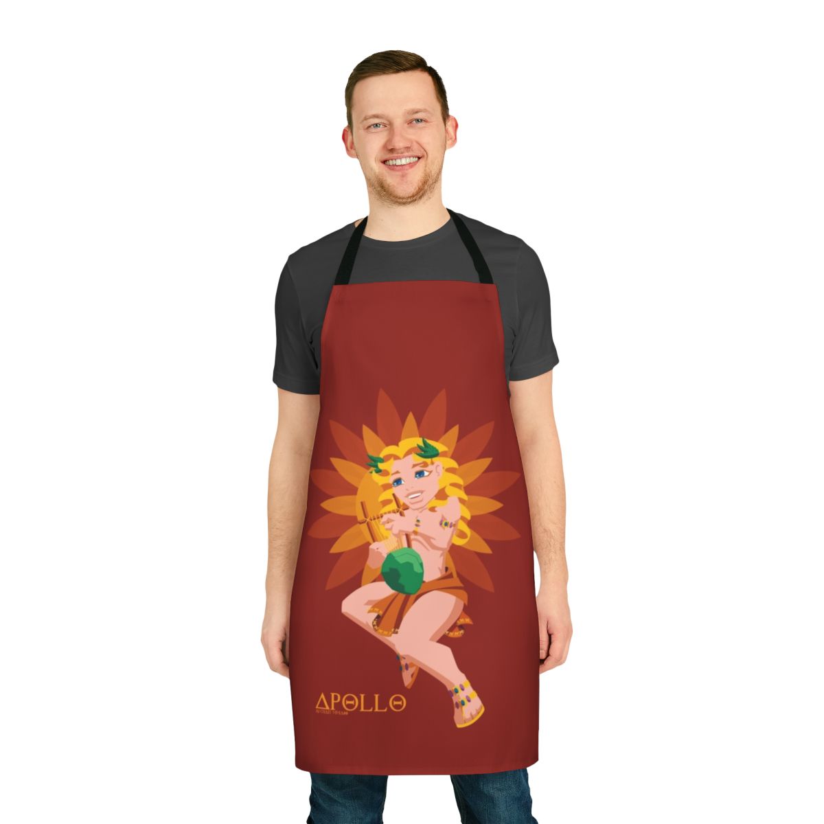 A cute apron featuring the Greek god Apollo and his lyre instrument.