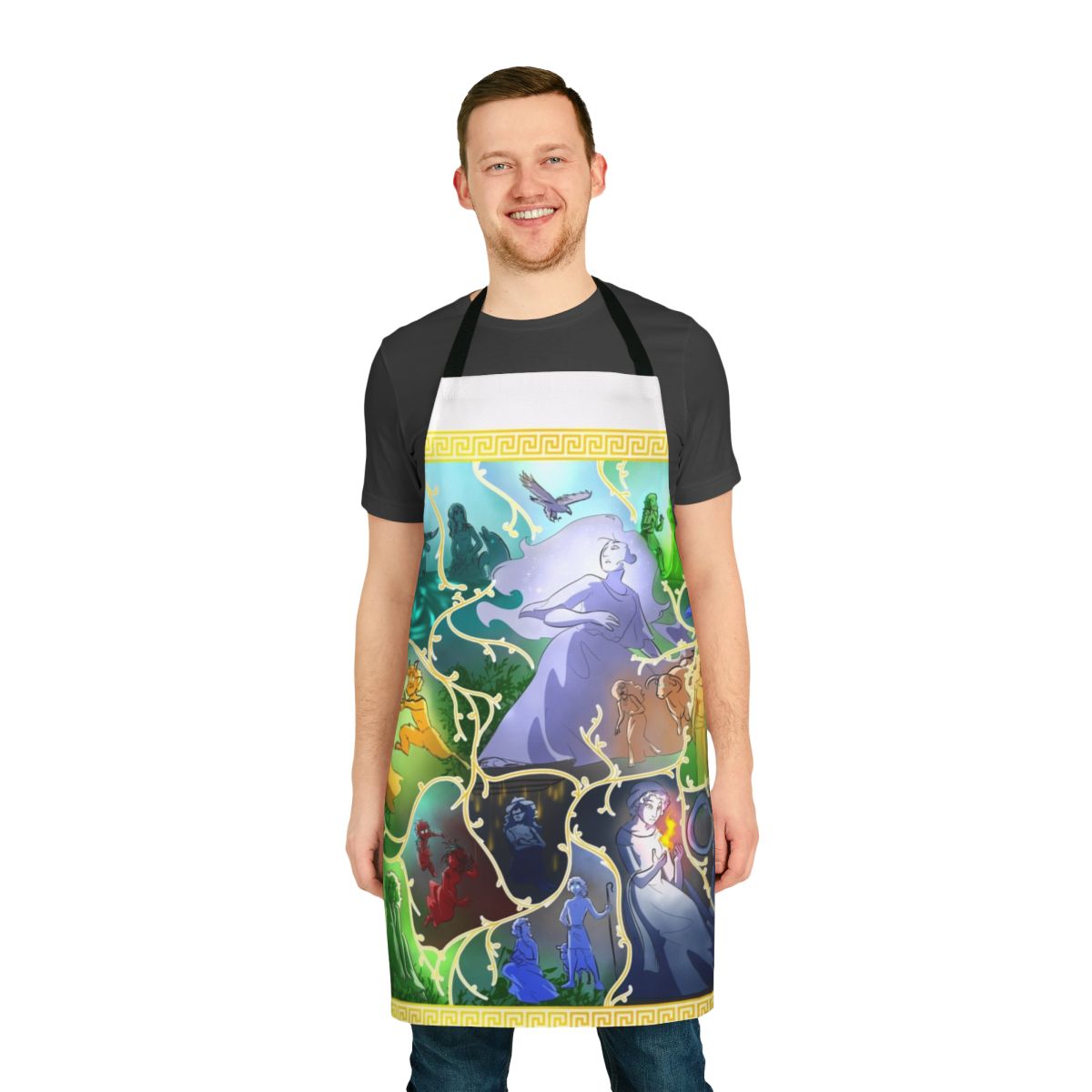 Arachne tapestry design apron featuring Greek goddess Athena