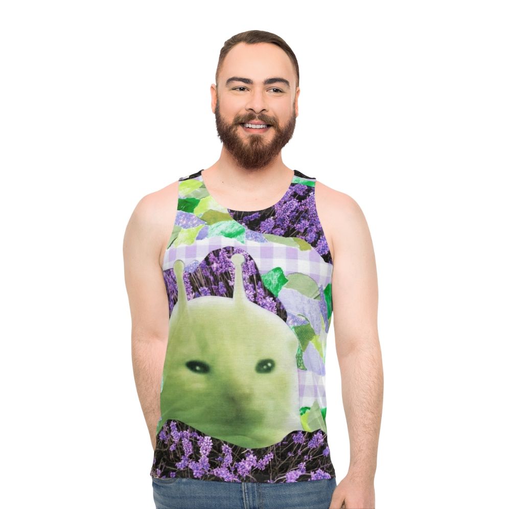 Green alien collage art printed on a handmade unisex tank top