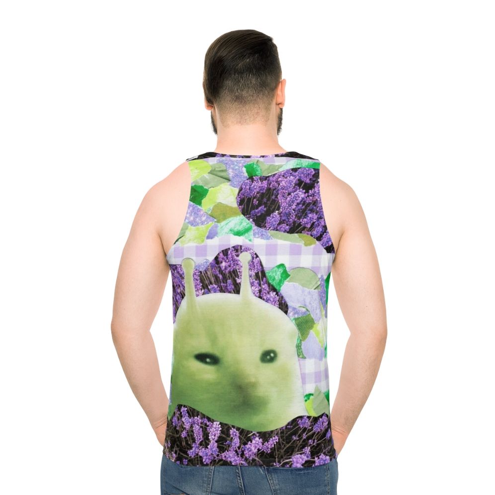 Green alien collage art printed on a handmade unisex tank top