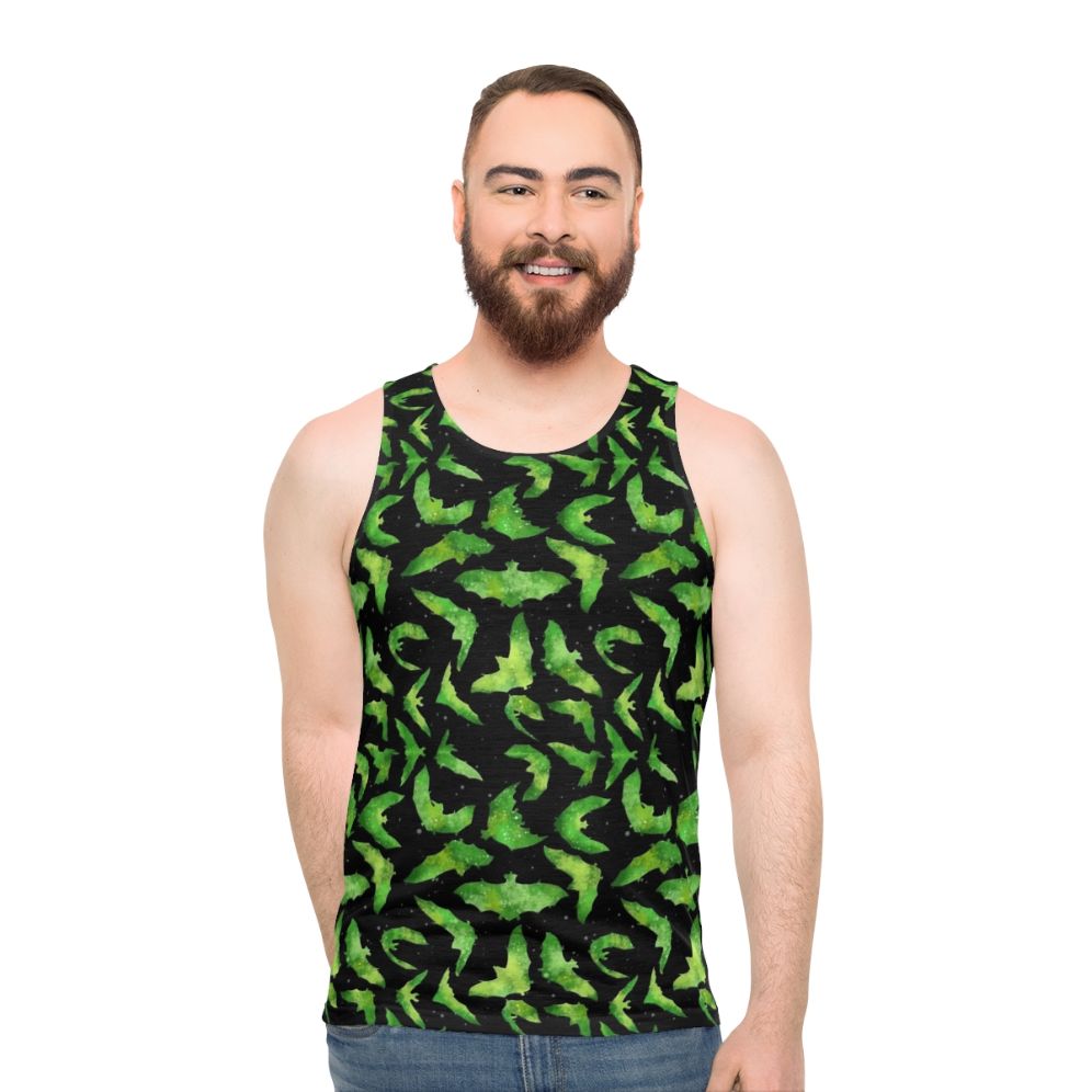 Green watercolor bats printed on a unisex tank top