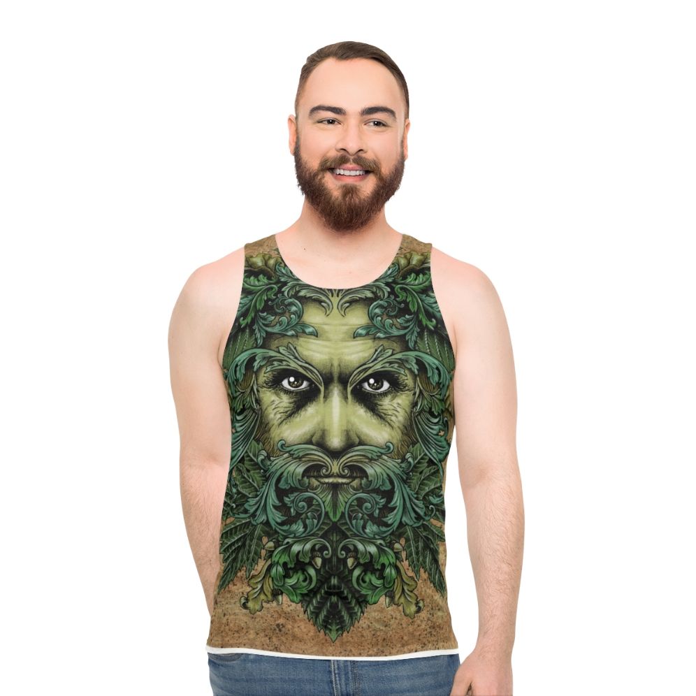 Green Man Unisex Tank Top with nature-inspired fantasy design