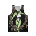 Green unisex tank top with superhero inspired design