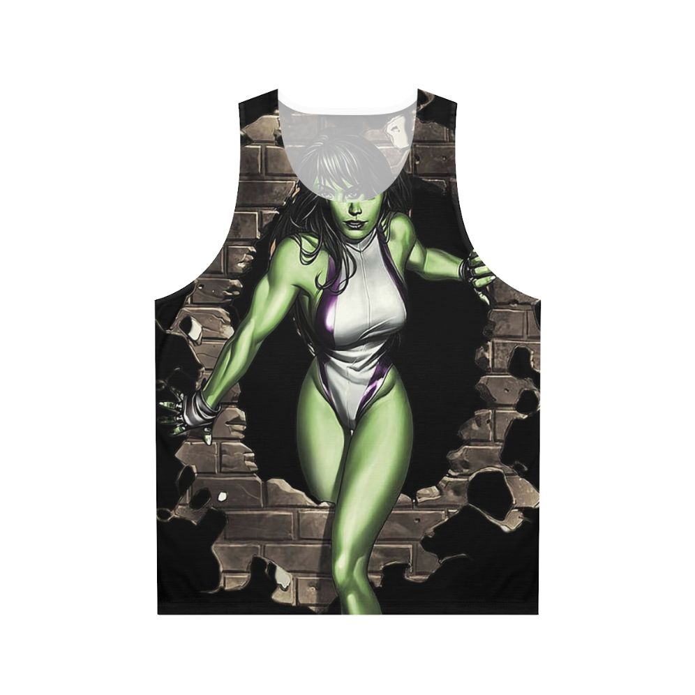 Green unisex tank top with superhero inspired design