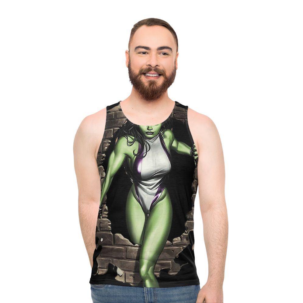 Green unisex tank top with superhero inspired design