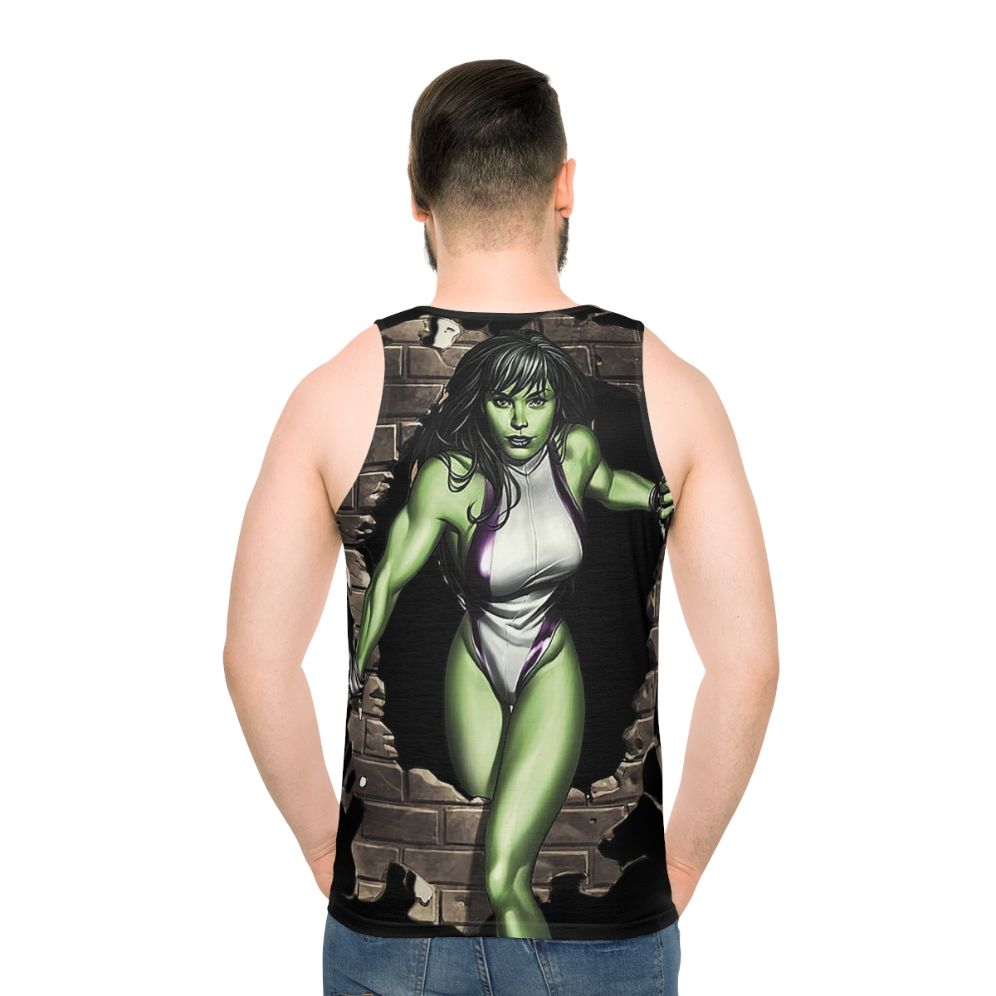 Green unisex tank top with superhero inspired design