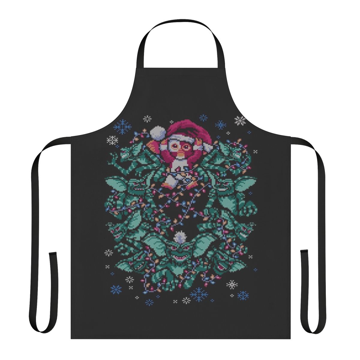 An apron featuring a gremlin-inspired Christmas design with a retro 80s horror movie theme.