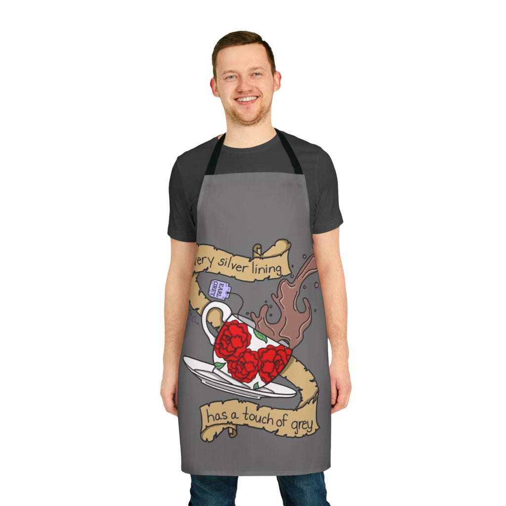 Grey tea apron with a lyrical, music-inspired design for tea lovers