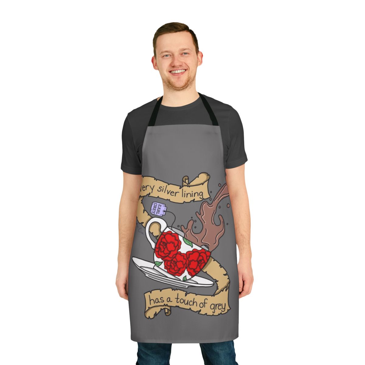 Grey tea apron with a lyrical, music-inspired design for tea lovers