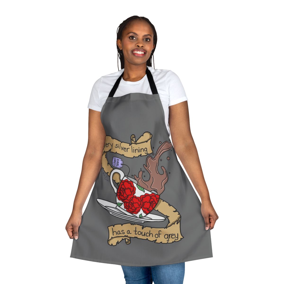 Grey tea apron with a lyrical, music-inspired design for tea lovers