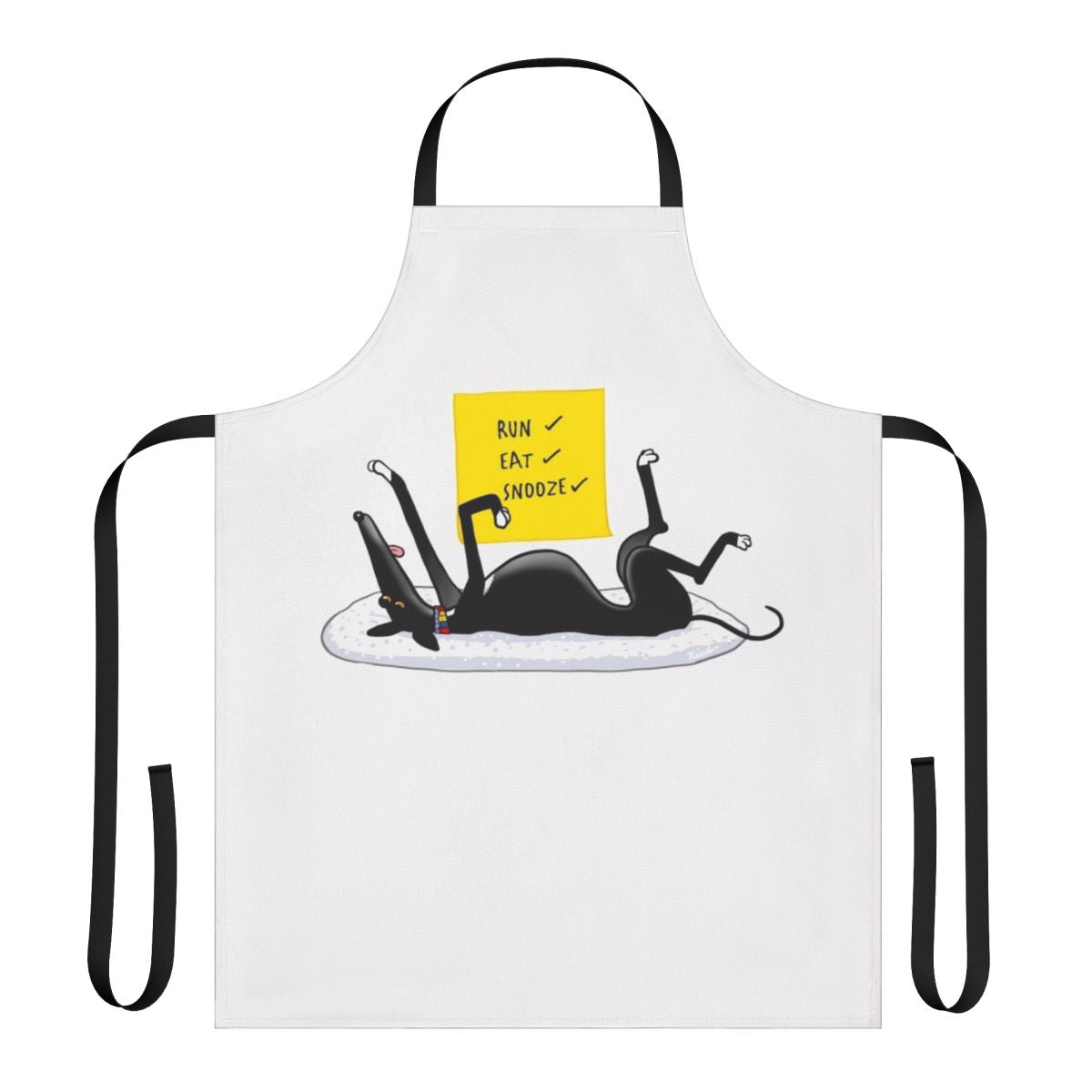Cartoon illustration of a black greyhound or lurcher dog on a grey and white striped apron
