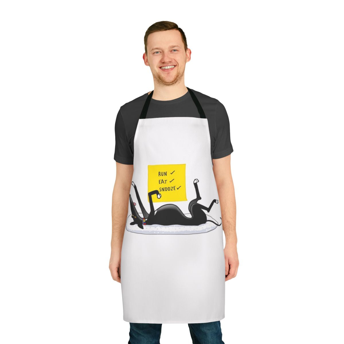 Cartoon illustration of a black greyhound or lurcher dog on a grey and white striped apron
