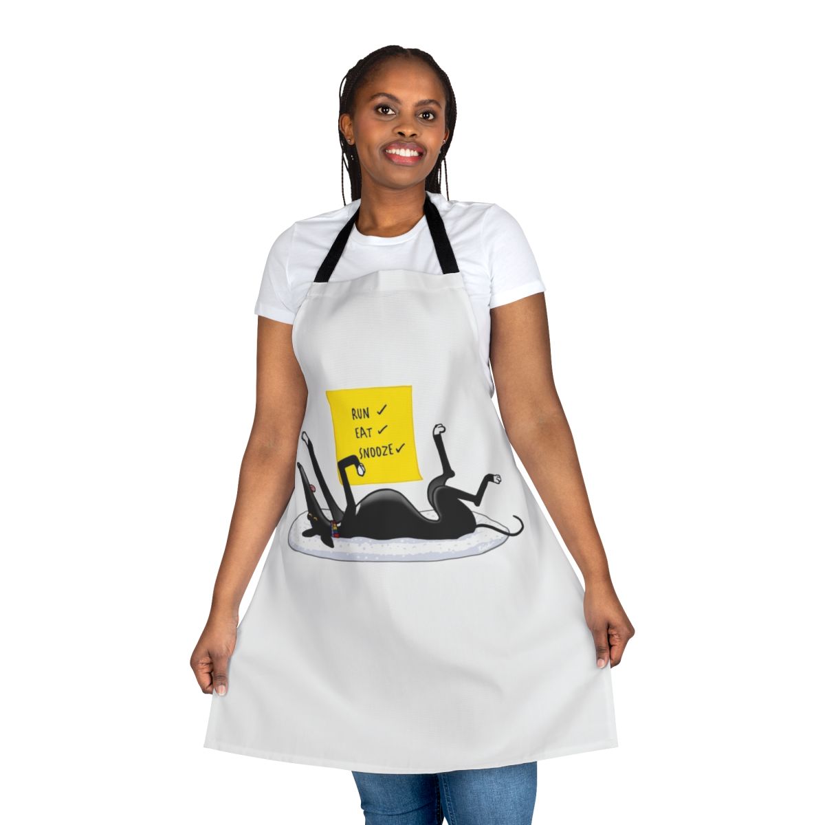 Cartoon illustration of a black greyhound or lurcher dog on a grey and white striped apron