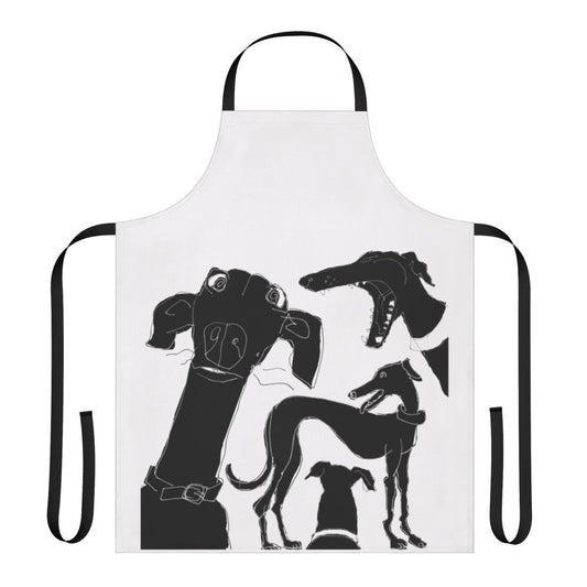 Greyhound-themed pixel art apron with a stylized greyhound dog design