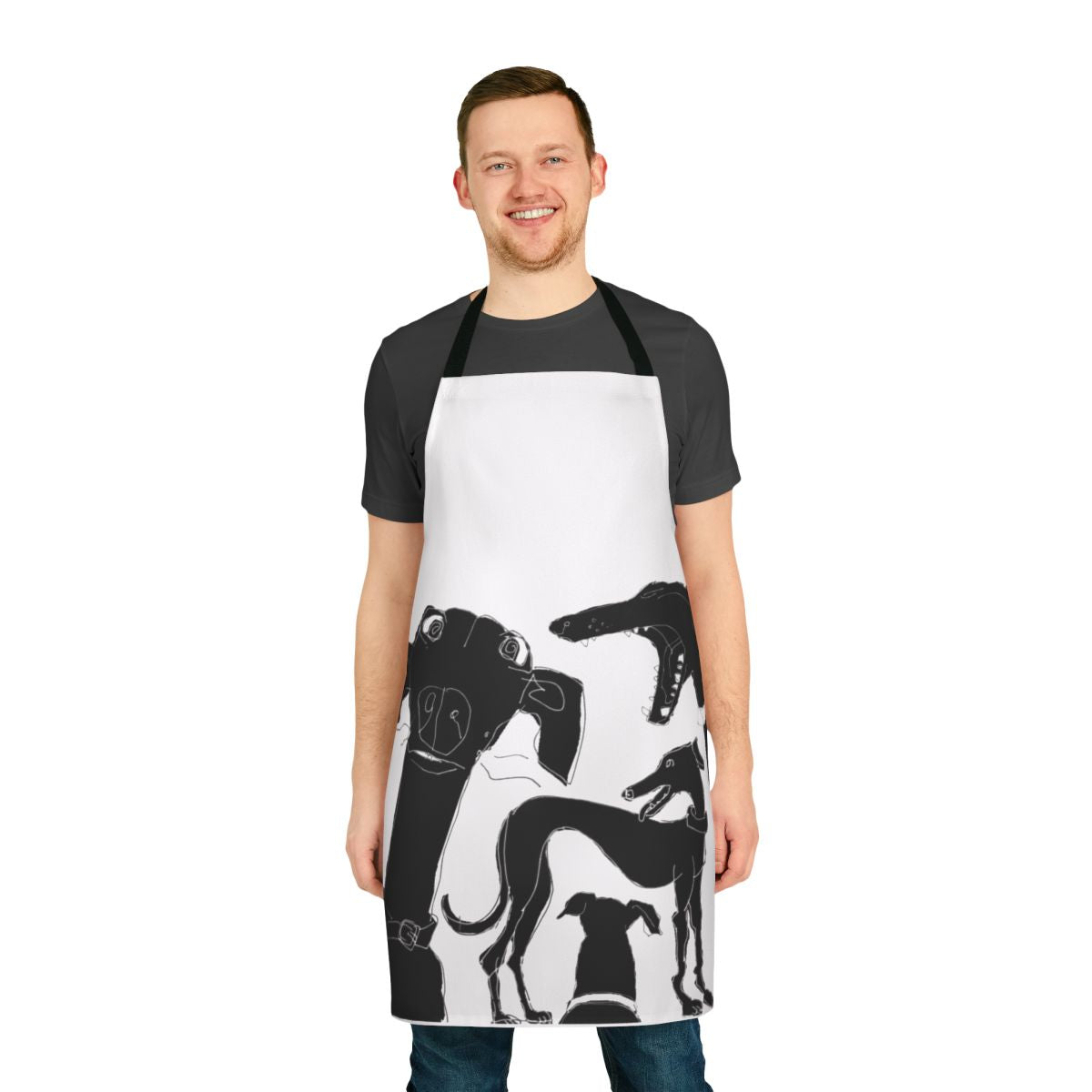 Greyhound-themed pixel art apron with a stylized greyhound dog design