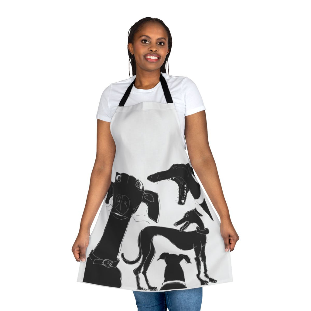 Greyhound-themed pixel art apron with a stylized greyhound dog design