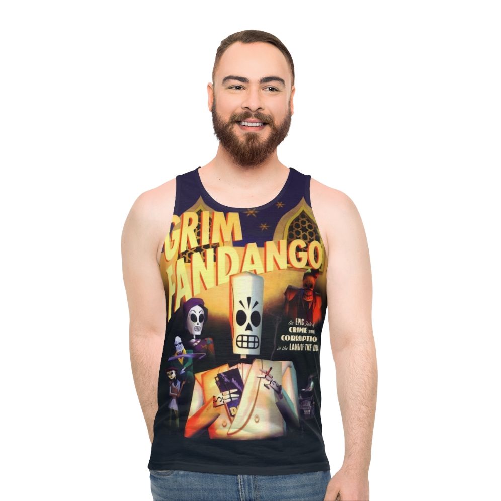Grim Fandango unisex tank top with high contrast pixel art design